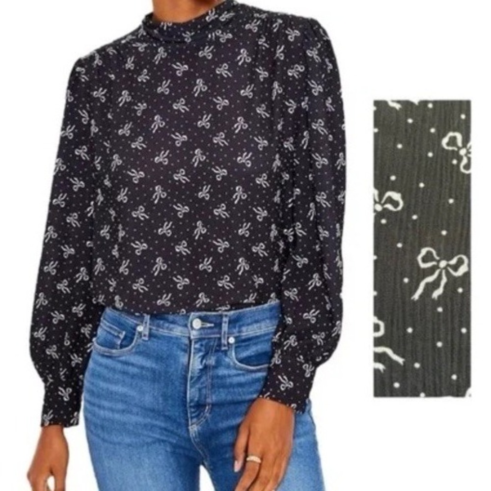 Loft Womens Top Bow Tie Back Blouse Long Sleeve Pullover Black & White Large